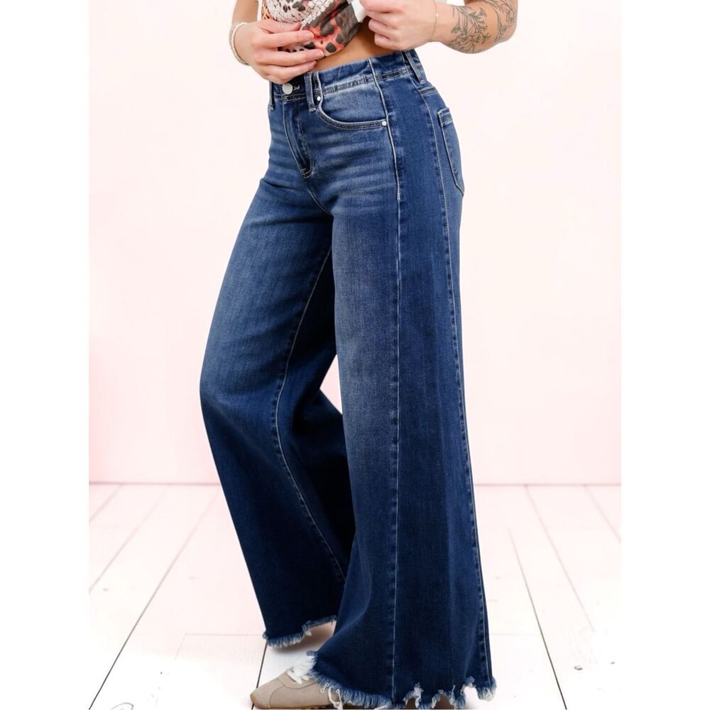 Risen High Rise Dark Wash Wide Leg Raw Hem Stretch Denim Jeans NWT - Picture 4 of 14